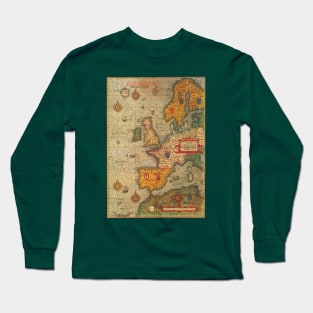 Antique Map, a Sea Chart of Europe by Lucas Janszoon Waghenaer, 1583 Long Sleeve T-Shirt